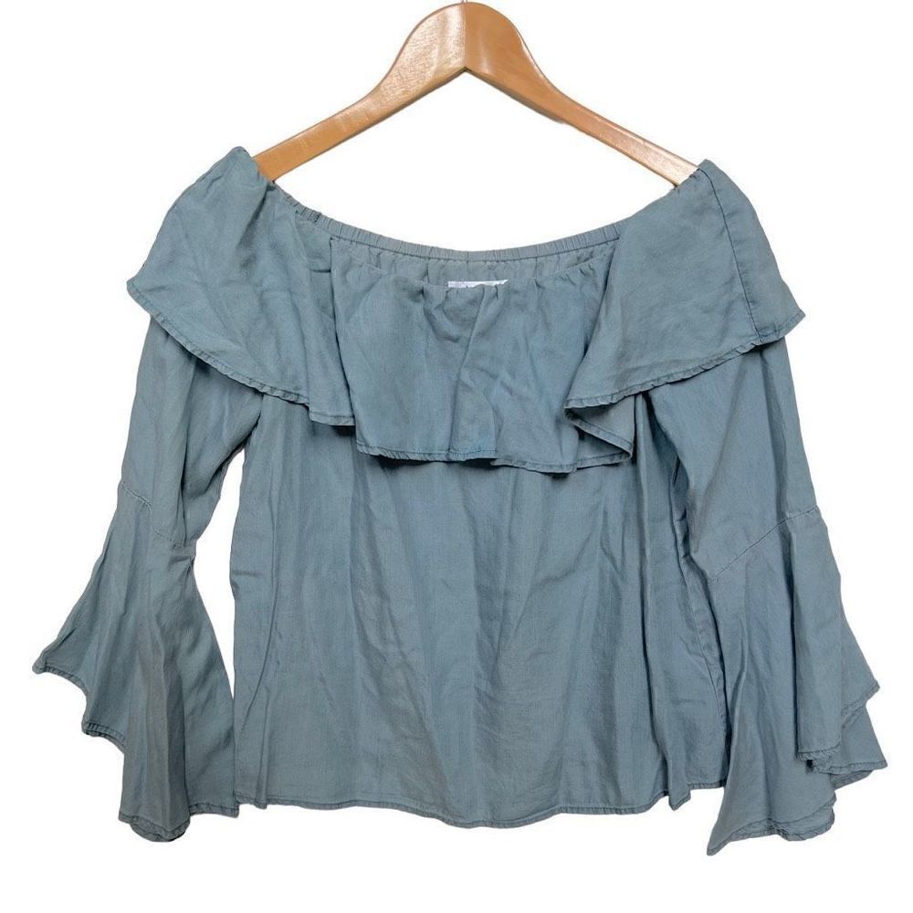 Chloe Rose Bell Sleeve Off the Shoulder Chambray Top Ruffle Tencel size S